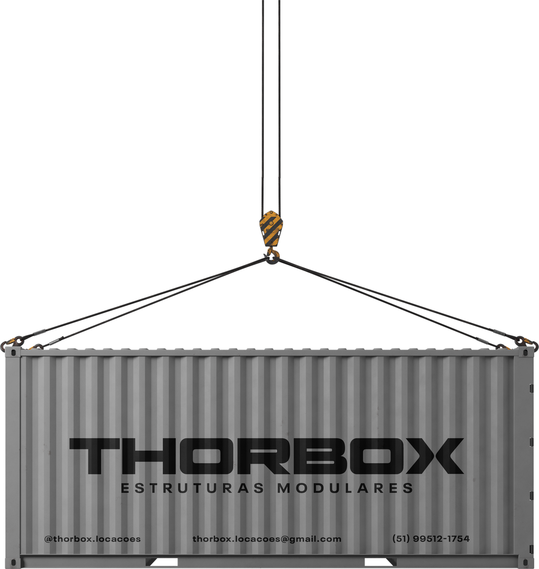 Container modular Thor Box suspenso por guindaste, pronto para entrega em obra no RS