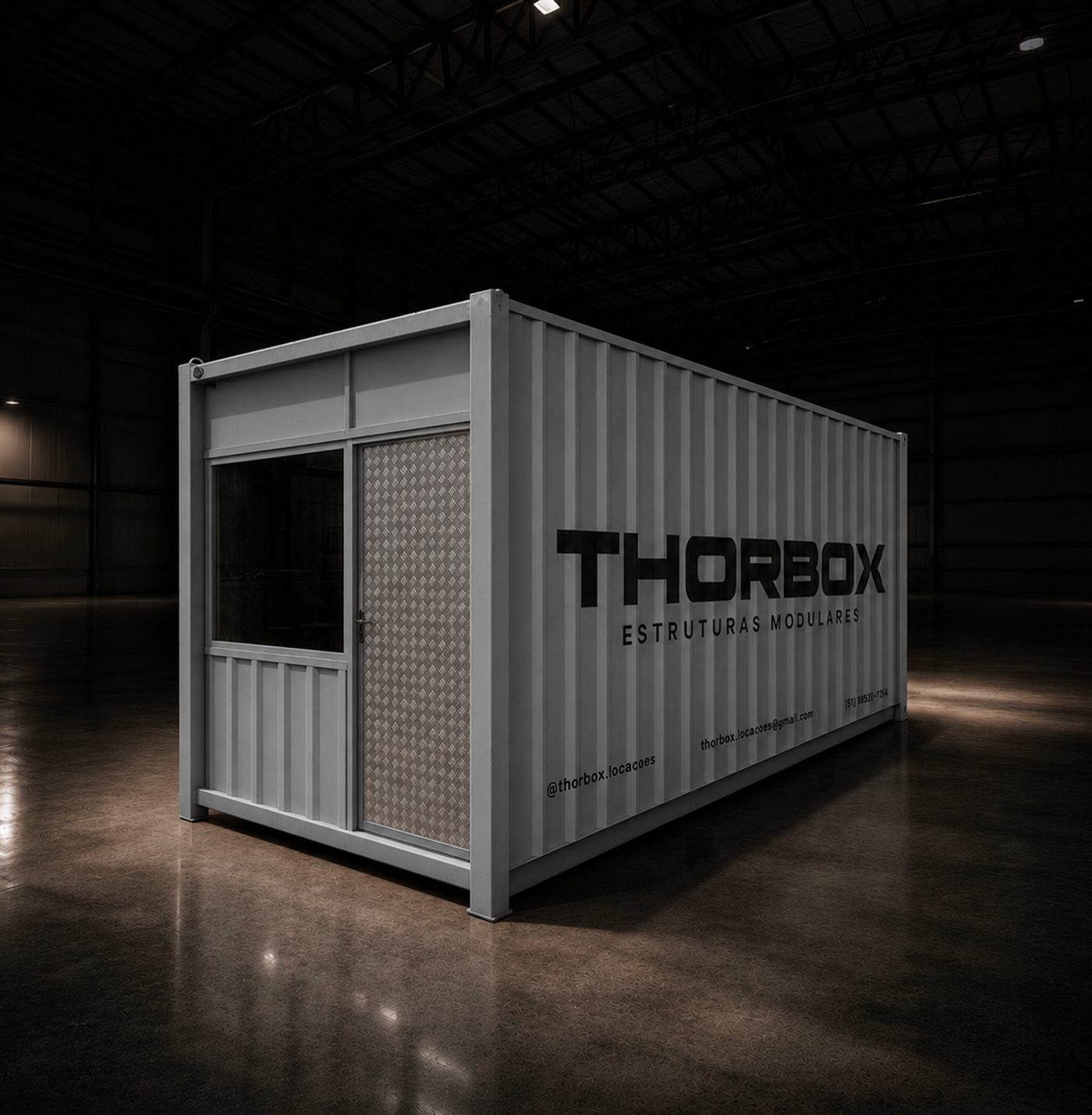 Container escritório Thor Box para obra no RS, com janela e porta